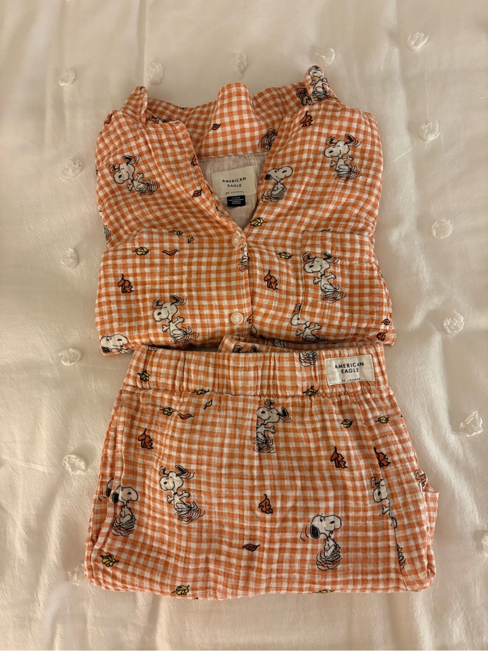American Eagle Outfitters Orange Gingham Snoopy Two-Piece Sleep Set